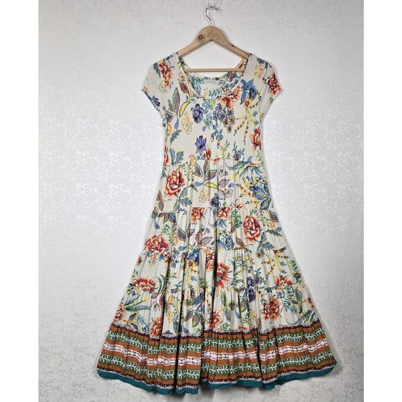 Soft Surroundings Kara Dress sz PM Yellow Multicolor Floral Tiered Boho Peasant - Picture 14 of 14